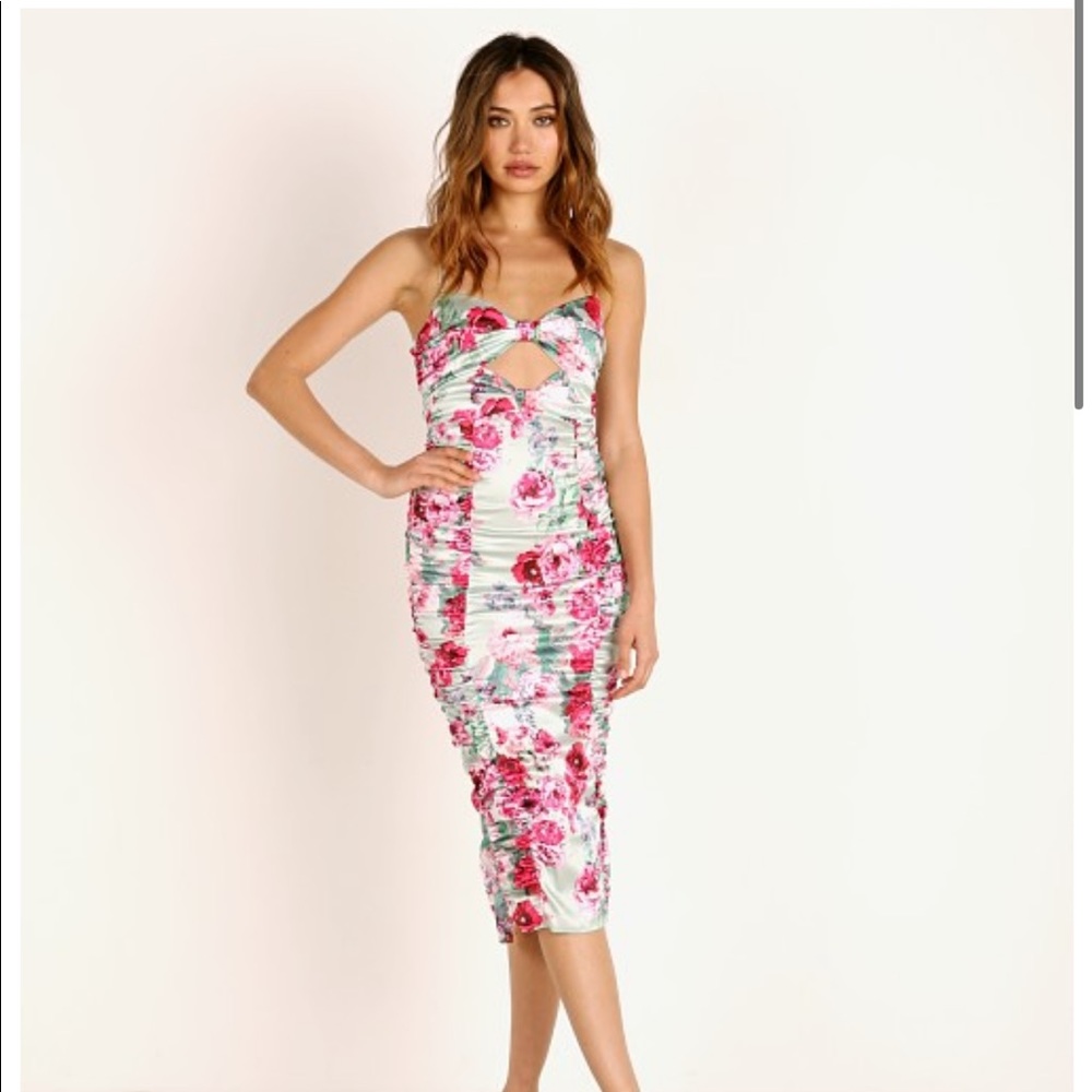 For Love & Lemons Womens Robin Floral Ruched Midi dress Mint  size xs